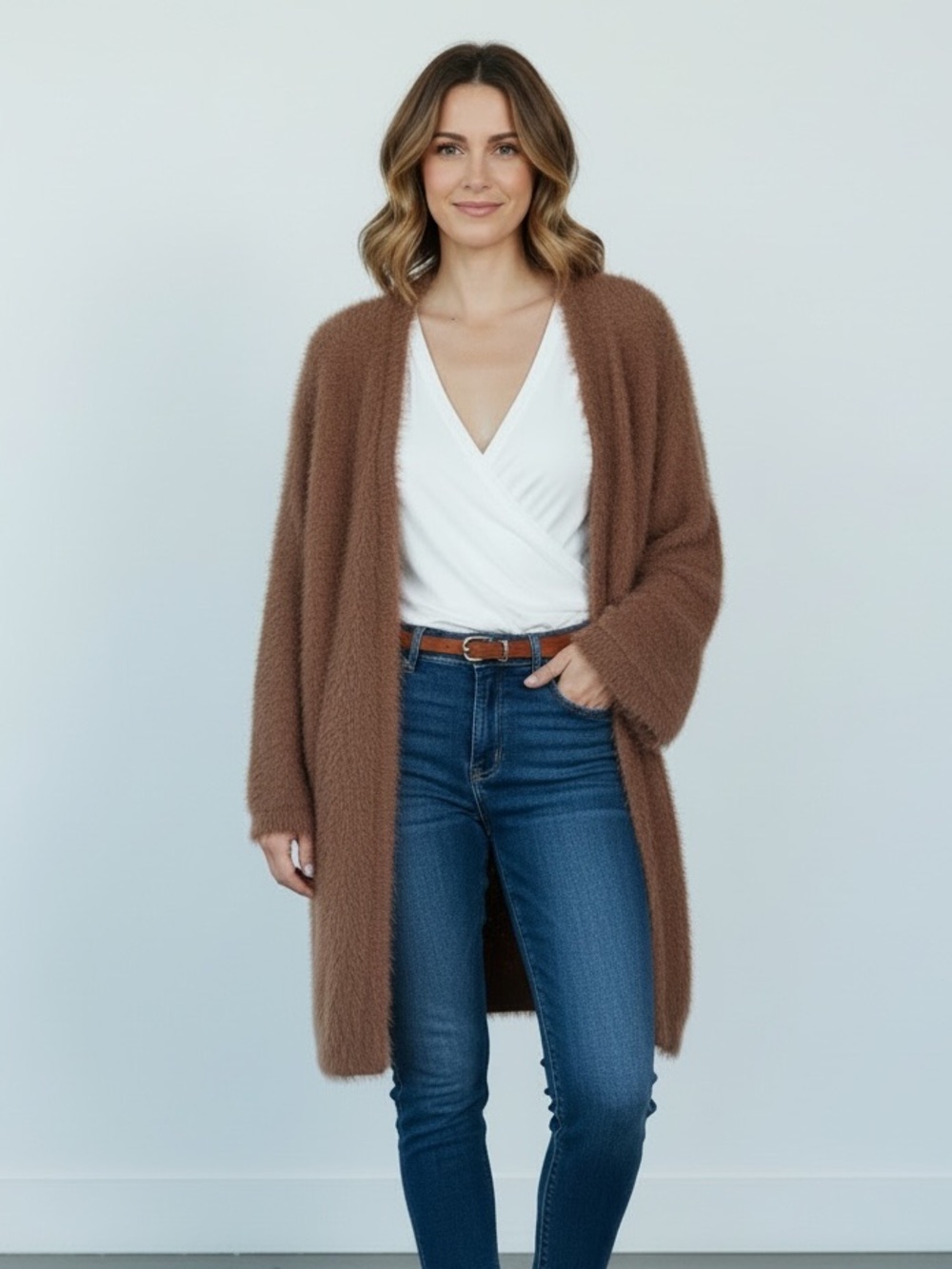 PRIMA Cozy Autumn Eyelash Open Cardigan S with Pockets Brown